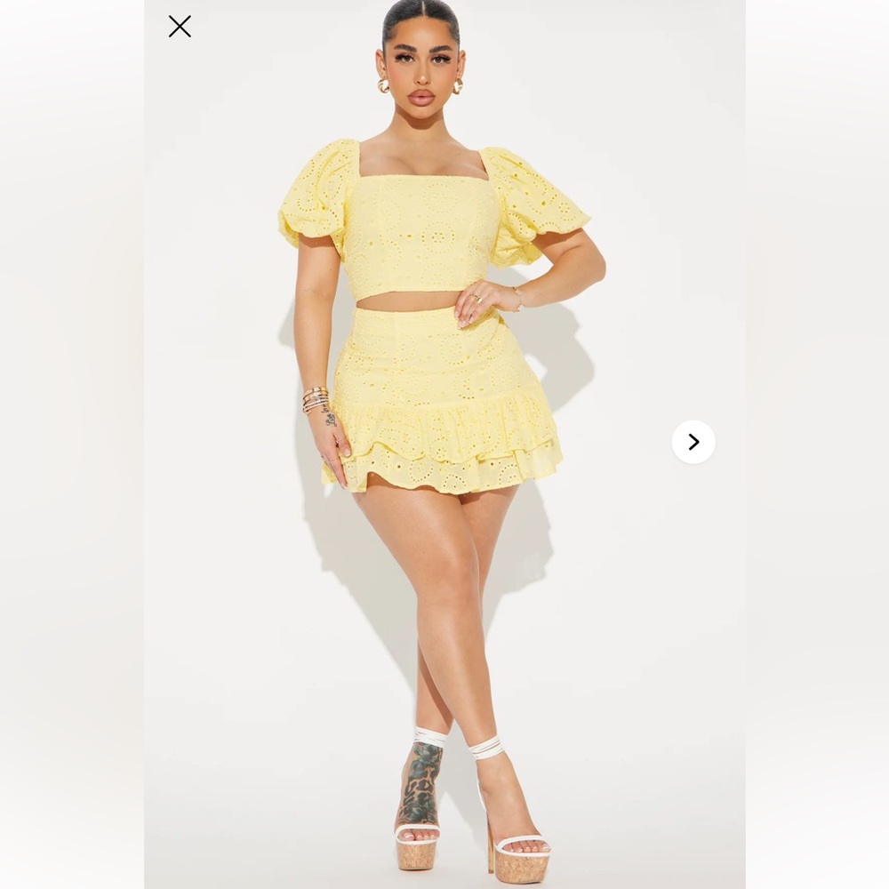 New Yellow Eyelet Skirt Set